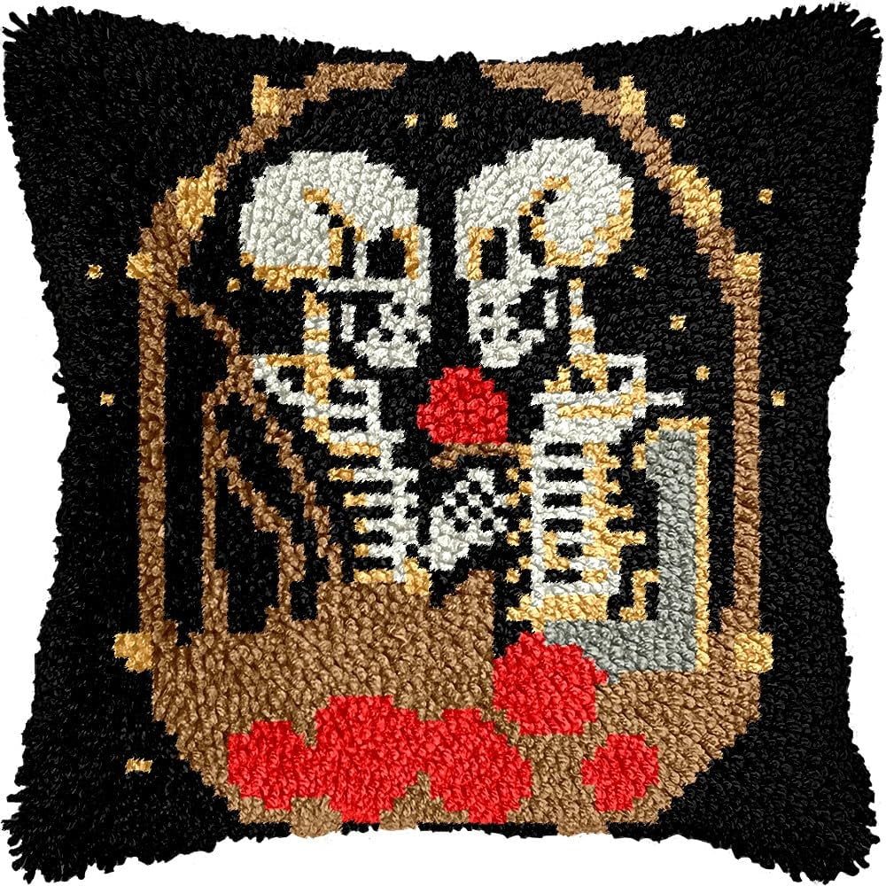 Hok Rug Skeleton Pattern Lover Couple Skeleton Latch Hook Pillow Kits DIY Pillowcase Cushtion ...
