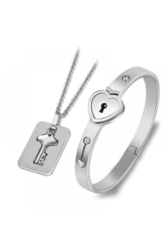 Lover Heart Padlock Necklace Bracelet for Men Women with Lock and Key Titanium Steel Stainless Steel Jewelry Bracelet 24 Inch