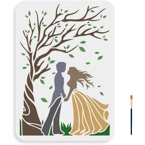 Lover Promise Under The Tree Stencil 11.78.3inch Large Bride and Groom Tree Stencil Reusable Couple Love Drawing Template with Paint Brush