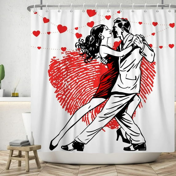 Lover''s Dance Shower Curtain Valentines Day Bathroom Curtain Set with Hooks, Red Heart Fingerprint Water Repellent Shower Curtain 72W x 84L inch