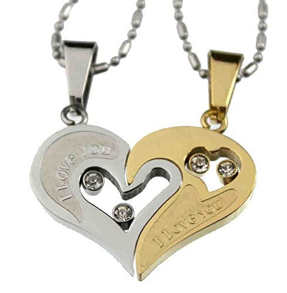 Lovers Couple 2 Tone Heart Pendant Matching Set Stainless Steel