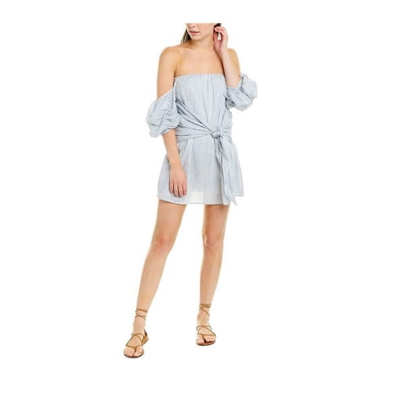 Lovers+Friends Strapless Cold-Shoulder Sleeve Striped Belted Dress Blue M, $178