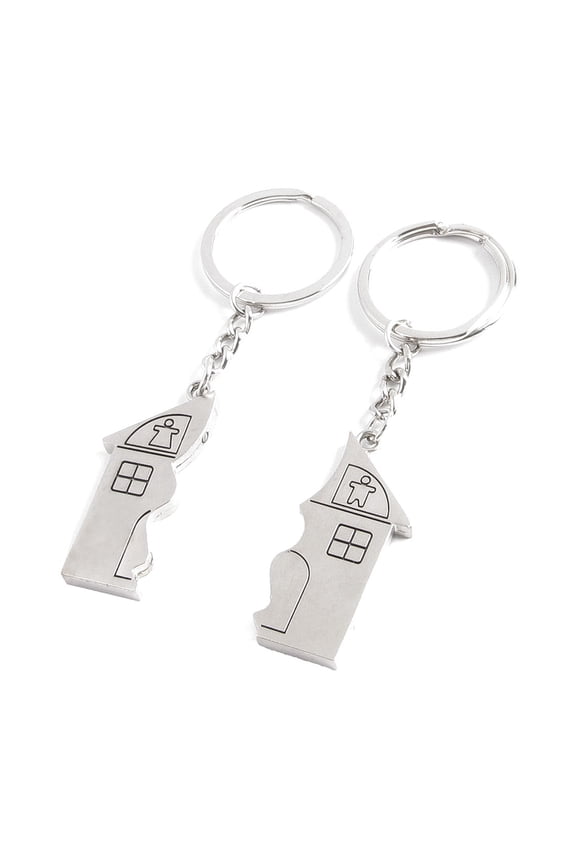Lovers House Shape Magnetic Pendant Key Ring Chains Holder Silver Tone Pair Keychain