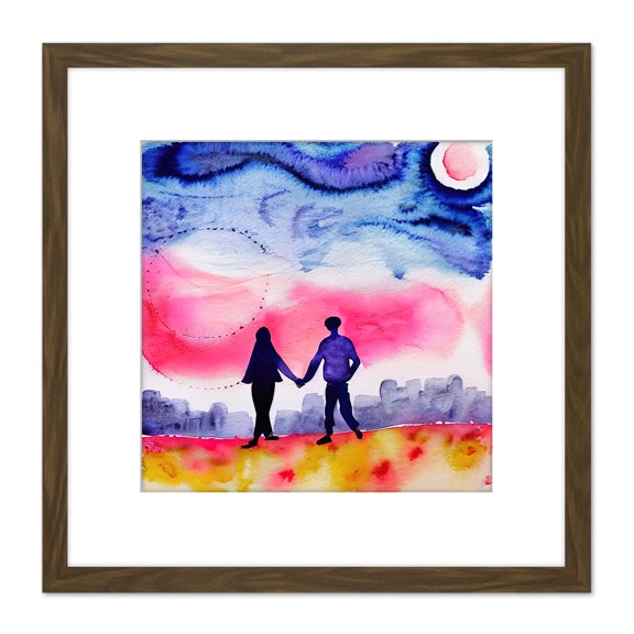 Lovers Moonlight Walk in Urban Landscape Watercolour Illustration Square Wooden Framed Wall Art Print Picture 8X8 Inch