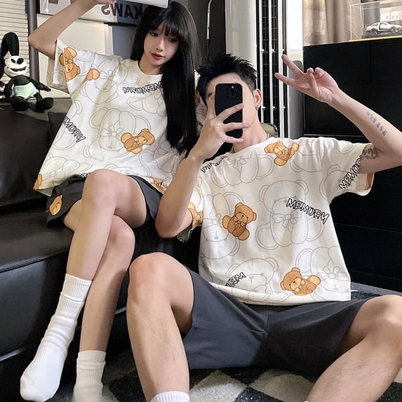 Lovers Pajama Set Cotton Cartoon Cute Nightwear For Men Women Homewear Plus Size Summer Thin Pyjamas Couples Pjs Loungewear