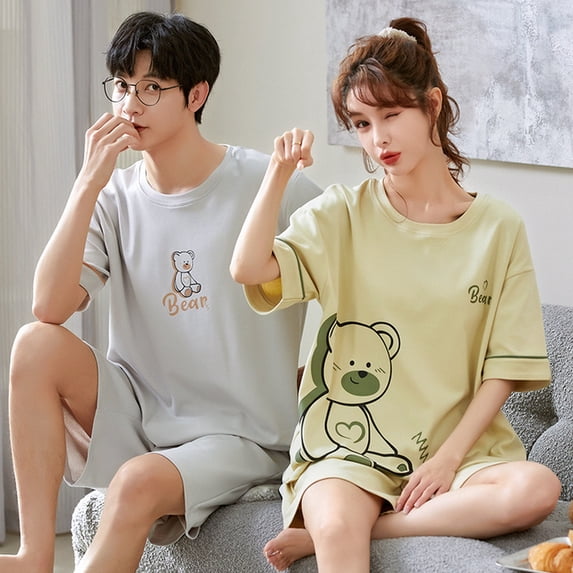 Lovers Pajama Set Cotton Cartoon Cute Nightwear For Men Women Homewear Plus Size Summer Thin Pyjamas Couples Pjs Loungewear