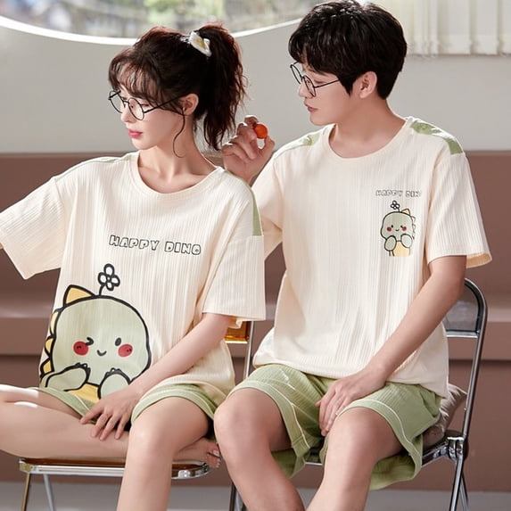 Lovers Pajama Set Cotton Cartoon Cute Nightwear For Men Women Homewear Plus Size Summer Thin Pyjamas Couples Pjs Loungewear