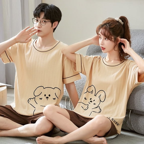 Lovers Pajama Set Cotton Cartoon Cute Nightwear For Men Women Homewear Plus Size Summer Thin Pyjamas Couples Pjs Loungewear
