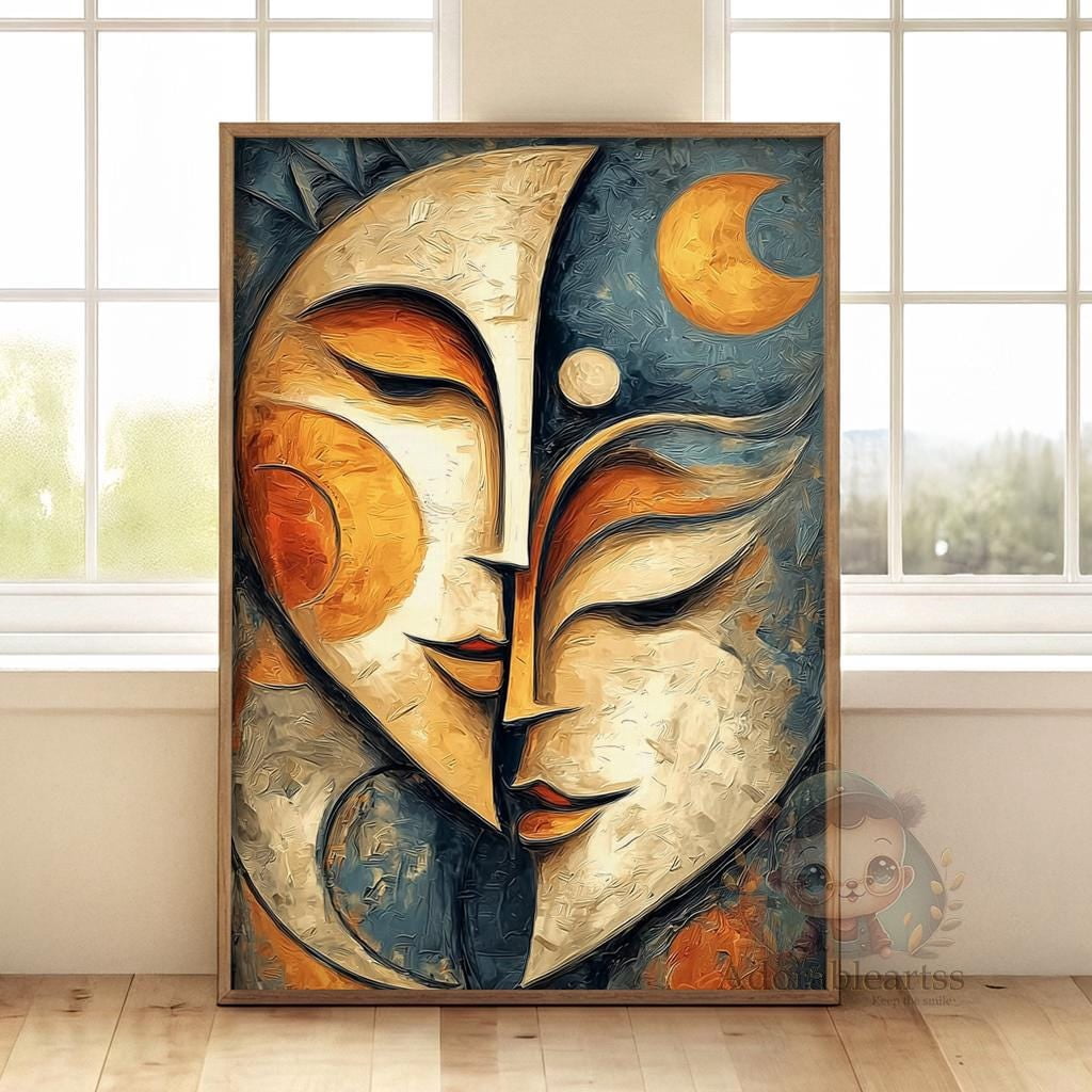 Cubist Sun Lovers Portrait Boho Cubist Sun And Moon Theme Gallery Poster , Poster ...