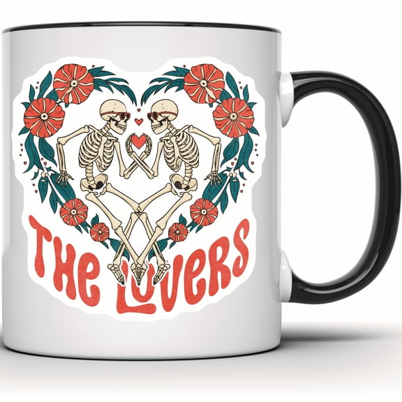 The Lovers Skeleton Mug - Gothic Floral Skull Heart Design - Valentine's Day Gift - Anniversary Mug for Him and Her - 11 Ounce Black Rim Handle Novelty Coffee Cup - WMUG0906-Black Rim