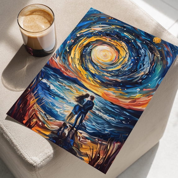Lovers Under Moon Wall Art Surreal Starry Decor, Unframed Paper Print Size 16x24