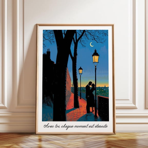 Lovers Under Streetlamps Parisian Romance Art Romantic French City Scene