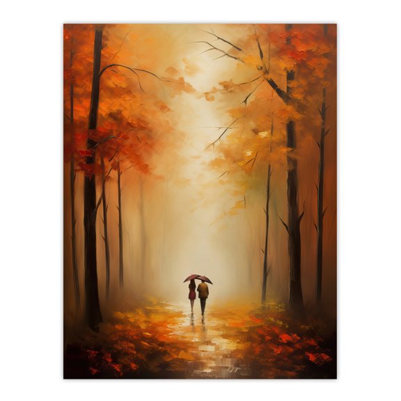 Lovers Walk Landscape Oil Painting Romantic Stroll In An Autumn Forest Amber Trees On A Serene Path Bedroom Art Extra Large XL Wall Art Poster Print