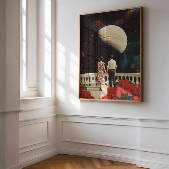 Lovers in Space Portrait Abstract Vintage Cosmic Wall Art, Stretched Canvas 16x20in