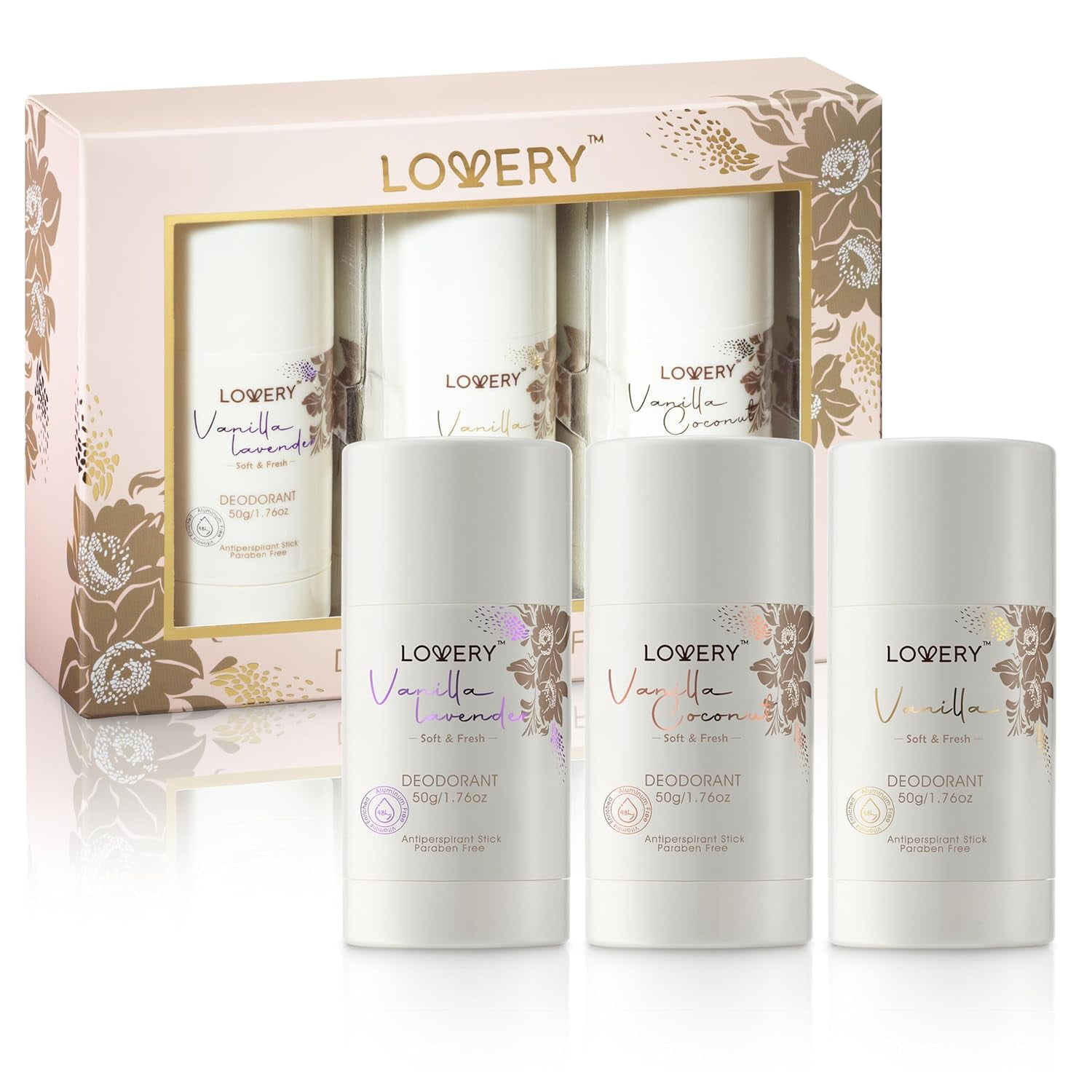 Lovery 3Piece Natural Deodorant Set for Women 48Hr AluminumFree