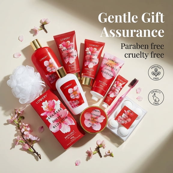 Lovery Luxury Home Spa Gift Set for Women 25 Piece Japanese Cherry Blossom Bath & Body Kit with Shower Gel, Body Lotion, Shower Steamers & Leather Tote Bag