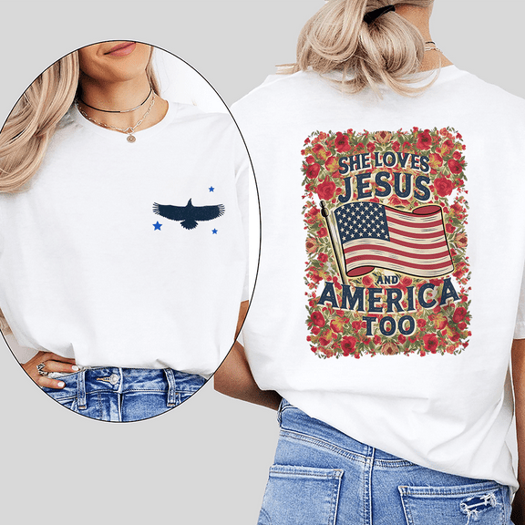 She Loves Jesus America Patriotic Faith Inspired Lettering Print Graphic Tees Classic Casual T-Shirts Short Sleeve Retro Pattern Tops for Daily Outfits White,5XL