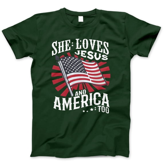 She Loves Jesus and America Too T-Shirt – Christian Patriotic USA Flag Burst Tee for Women, Faith and Freedom Shirt, 4th of July Religious Graphic Top
