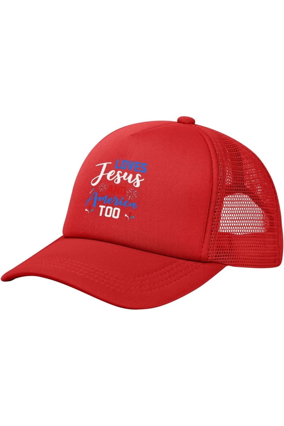 Loves Jesus and America Too Mesh Hat 4th of July Independence Day Hat Men Women Patriotic American Summer Cap Black