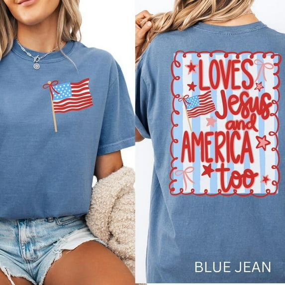 Loves Jesus and America Too Shirt, 4th of July Patriotic Coquette Bow Tee American Flag Shirt USA Preppy Red White Blue Shirt