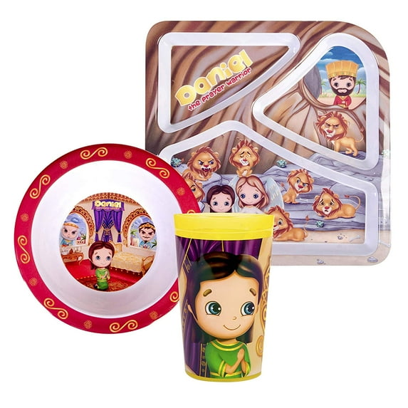 He Loves Me Kids Feeding Daniel 3 Piece Set Toddler Dishes Multicolor, BPA Free, Kids Dinnerware Includes Round Bowl, Divided Plate and Children’s Tumbler Cup Gift for Birthdays & Graduations