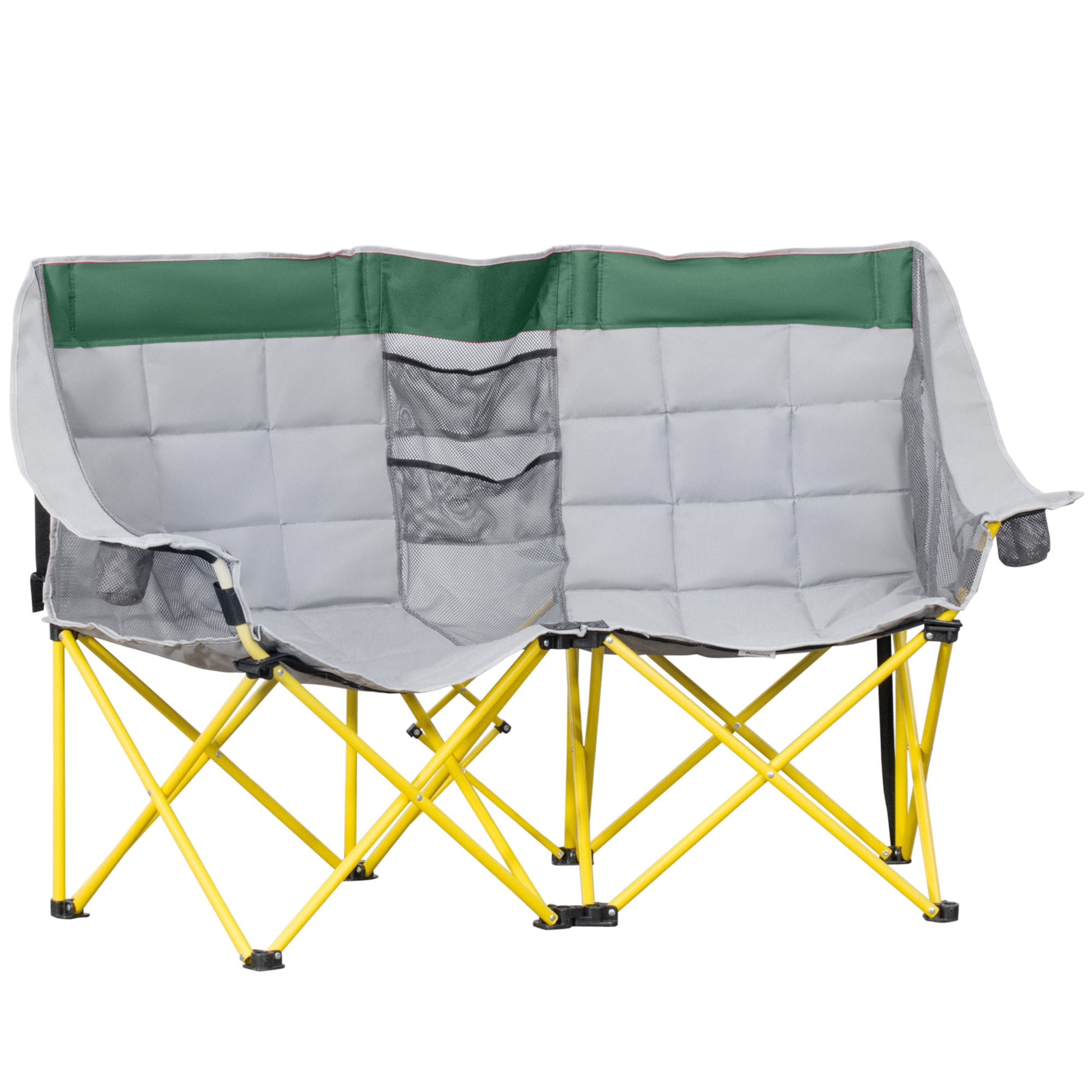 Loveseat Camping Chair, Oversized Folding Lawn Chair with Carry Bag & Cup Holders, for Outdoor, Beach, Picnic, Hiking, Travel, Green & Gray