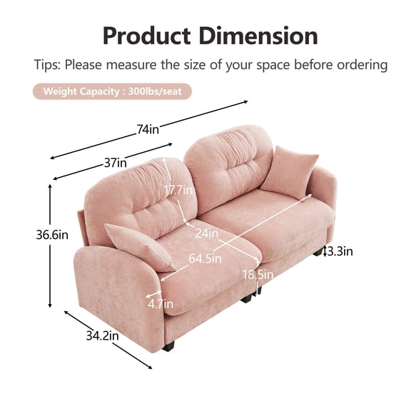 Loveseat Cloud Sectional Couches Chenille Fabric,Tufted Cushion Backrest Design, Ergonomic Design,High-Density Foam Easy Install Elegant Armrests High Quality Wooden Base,Fits Living Rooms,Pink