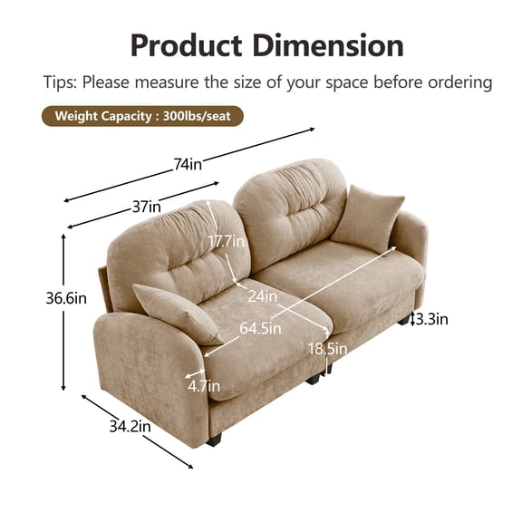 Loveseat Cloud Sectional Couches Chenille Fabric, Tufted Cushion Backrest Design, Ergonomic Design, High-Density Foam Easy Install Elegant Armrests High Quality Wooden Base,Fits Living Rooms,Camel