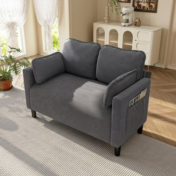 Loveseat Couch, 48 Inch Sofa, Corduroy Sofa with Convenient Side Storage Pocket, Composite Board and Solid Wood Frame, for Apartment Dorm Office, Grey