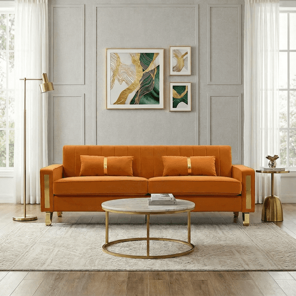 Loveseat Couch for Living Room, 86" Blue Velvet 3-Seater Sofa Couch with 2 Pillows & Gold Metal Legs, Modern Upholstered Sofa Love Seat Sectional Couches for Apartment Home Office Orange