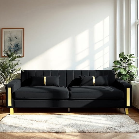 Loveseat Couch for Living Room, 86" Blue Velvet 3-Seater Sofa Couch with 2 Pillows & Gold Metal Legs, Modern Upholstered Sofa Love Seat Sectional Couches for Apartment Home Office Black