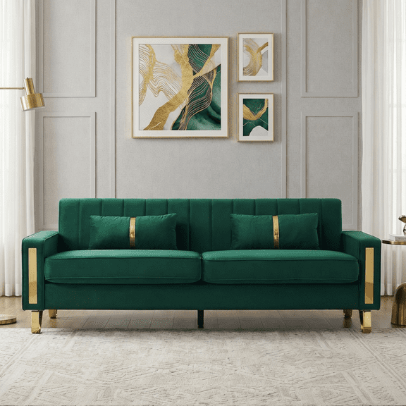 Loveseat Couch for Living Room, 86" Velvet Sofa Couch with 2 Pillows & Gold Metal Legs, Modern Upholstered Sofa Love Seat Sectional Couches for Apartment Home Office Green