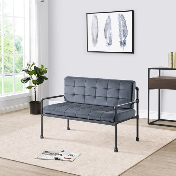 Loveseat, Grey Velvet and Sandy Grey Metal Frame, Memory Foam Cushions with Loose Back and Seat, Industrial Rustic Design for Living Room, 51.5"W x 29.5"D x 35.5"H, Includes Pillow