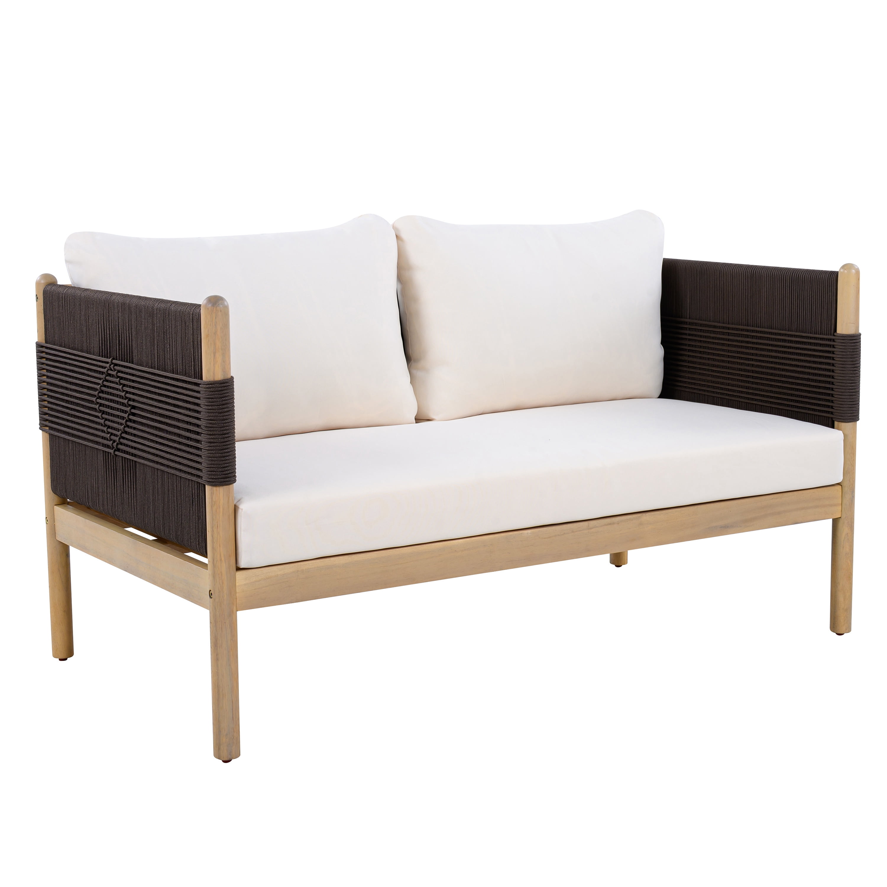 Loveseat, Outdoor Acacia Wood Sofa with Diamond Rope Weave and Cushions for Patio Garden, Light Teak and Cream