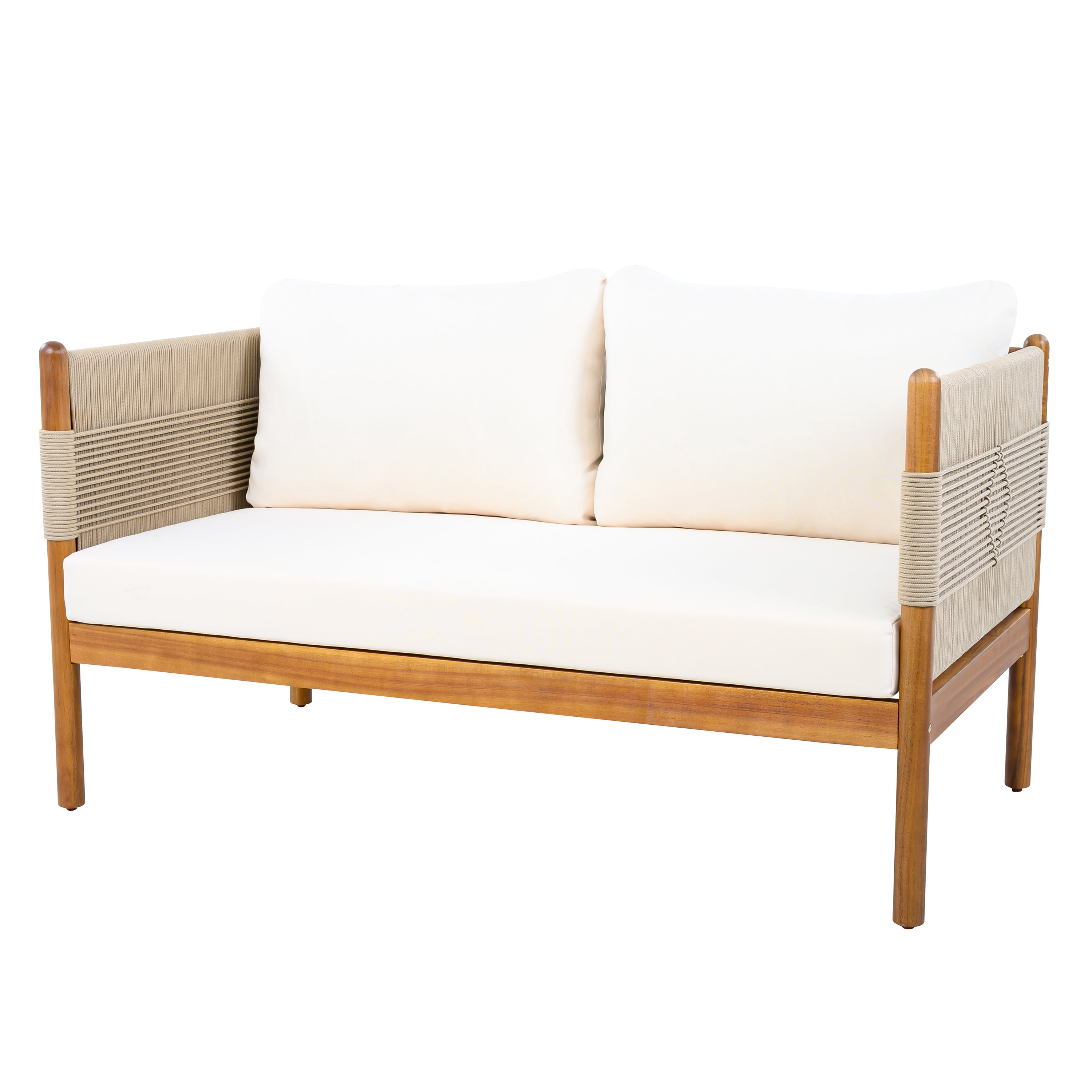 Loveseat, Outdoor Acacia Wood Sofa with Diamond Rope Weave and Cushions for Patio Garden, Teak and Cream