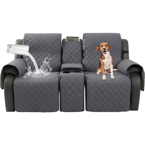 Loveseat Recliner Cover with Center Console, 100% Waterproof Pet Cover for Dual Recliner with Straps Design, Split Reclining Loveseat Covers Furniture Pet&Kids Protector (Grey)