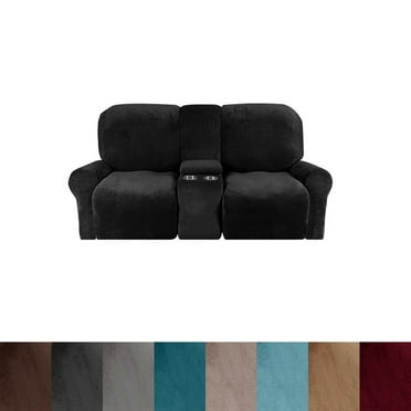 Loveseat Recliner Cover with Center Console, Stretch Velvet Recliner Slipcover for 2-Seater Reclining Sofa W/ Cup Holder