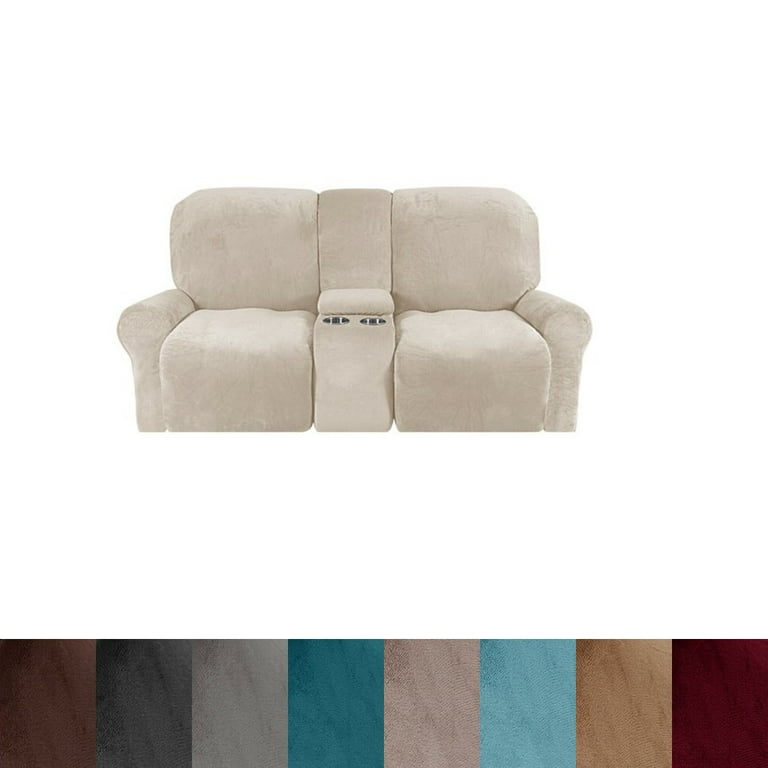 Loveseat Recliner Cover with Center Console Stretch Velvet Recliner Slipcover for 2 Seater Reclining Sofa W Cup Holder