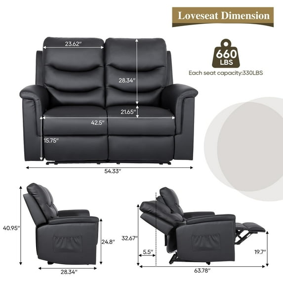 Loveseat Recliner, Double Recliner with Adjustable Footrest/Cup Holder/Side Pocket, RV Wall Hugger Reclining Loveseat, 2-Seater Reclining Sofa Couch for Living Room & Home Theater