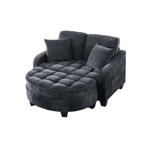 Loveseat Recliner, Double Sofa Bed with Storage Footstool and Irregular Armrests, Corduroy Convertible Bed, Perfect for Living Rooms, Black