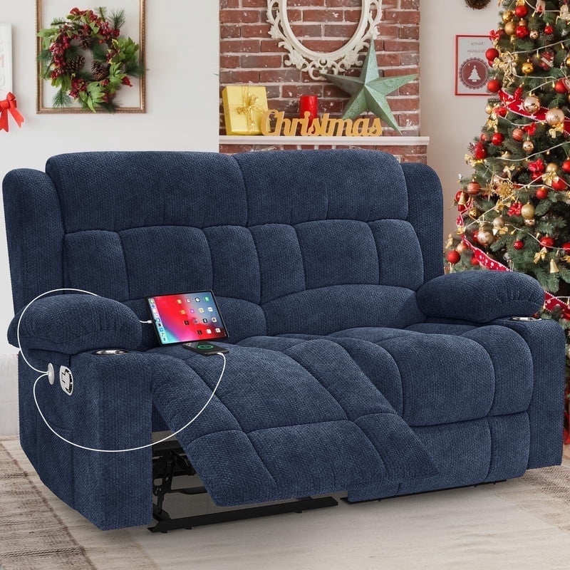 ODUMDUM Loveseat Recliner Sofa, Fabric Manual Pull Tab Reclining Loveseat with USB Charge Ports, Cup Holders, Recliner Love Seat Couches for Living Room, RV, Blue