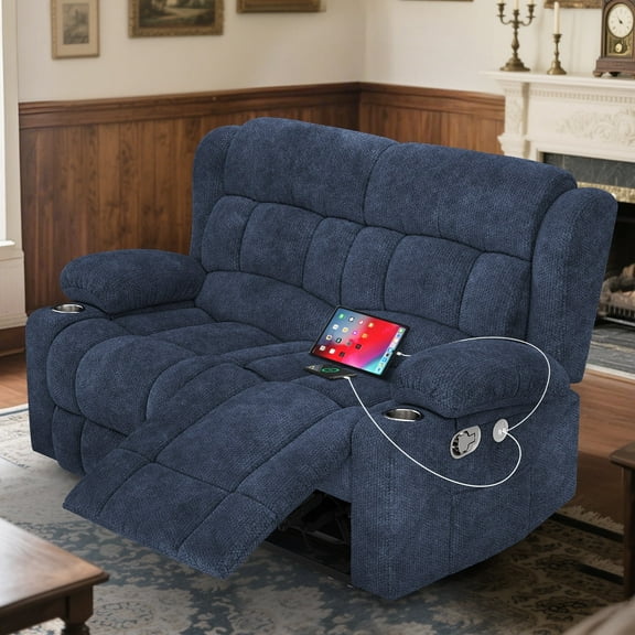 Loberfve Loveseat Recliner Sofa, Fabric Manual Pull Tab Double Reclining with USB Charge Ports, Cup Holders, Recliner 2 Seater Couches for Living Room, RV, Blue
