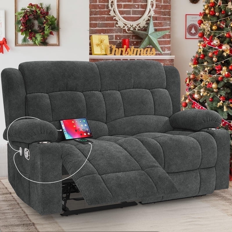 ODUMDUM Loveseat Recliner Sofa, Fabric Manual Pull Tab Reclining Loveseat with USB Charge Ports, Cup Holders, Recliner Love Seat Couches for Living Room, RV, Gray