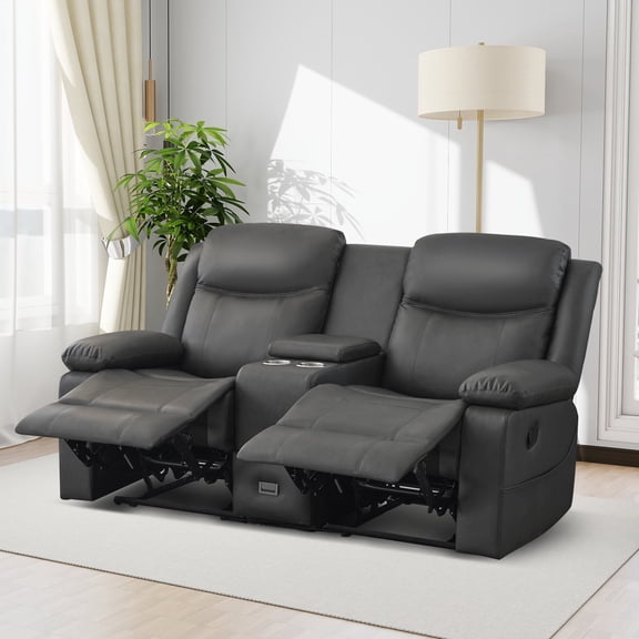 Loveseat Recliner Sofa, PU Leather Sofa Couch, Manual Recliner Loveseat with Console, Double Reclining RV Sofa with Cup Holders and Side Pocket for Living Room/Office/Apartment
