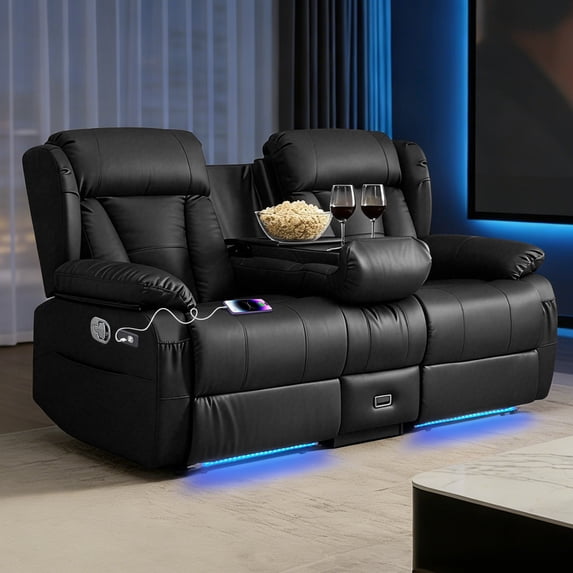 Loveseat Recliner Sofa, Manual Reclining Couch with Console, AC Outlet & USB-A/USB-C Ports, Wall Hugger RV Sofa for Living Room & Home Theater with Cup Holders LED Light