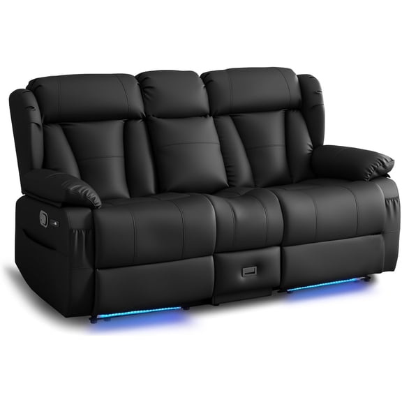 Loveseat Recliner Sofa, Manual Reclining Couch with Console, AC Outlet & USB-A/USB-C Ports, Wall Hugger RV Sofa for Living Room & Home Theater with Cup Holders LED Light