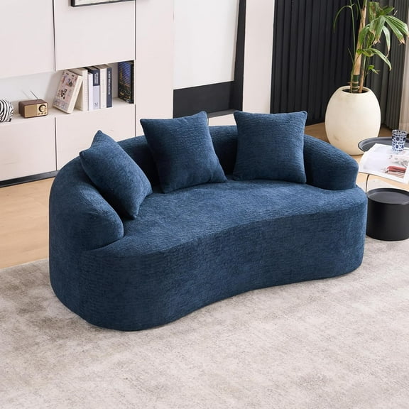 Loveseat Sectional Sofa for Living Room, 65’’ Modern Luxury Plush Chenille Extra Deep Seat Curved Cloud Floor Couch with 3 Throw Pillows for Small Spaces, No Assembly Needed, Sapphire Blue