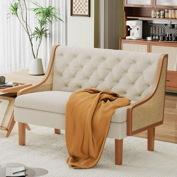 Loveseat Settee Bench with Natural Rattan Arms, Upholstered Modern Mini Sofa Couch, Banquette Dining Bench Love Seat for Living Dining Room Bedroom Office Small Space Entryway, Beige