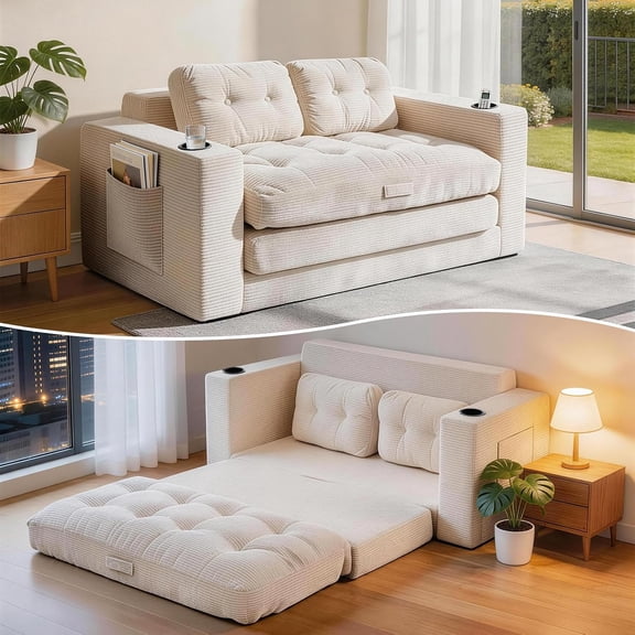 Loveseat Sleeper Sofa Bed, Boneless Convertible Corduroy Pull Out Couch with Cup Holders and 2 Pillows, Space Saving Sofa Bed for Small Spaces, Living Room, Bedroom (Beige)