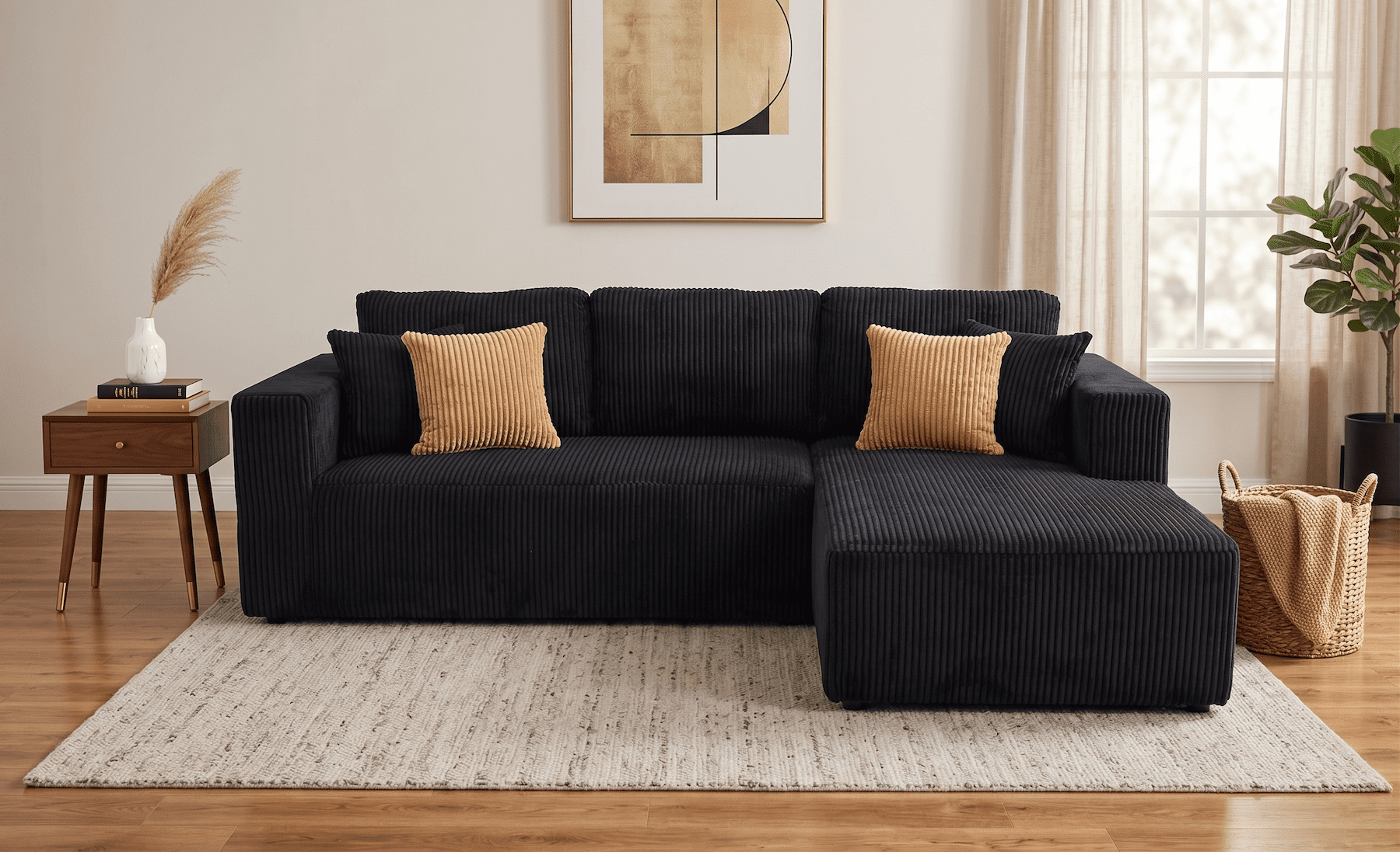 102" Modular Sectional Boneless Sofa, L-Shaped Cloud Couch with Right Facing Chaise, No Assembly Corduroy Sleeper Sofa, Plush Deep Seat Modular Couch with Toss Pillows for Living Room, Black